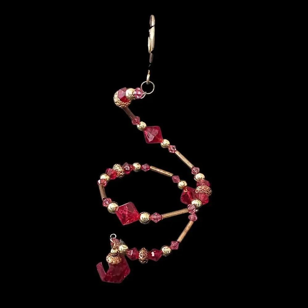 Beaded Memory Wire Ornament Spiral Dangle‎ Twist Sparkly Christmas Red Gold Tone